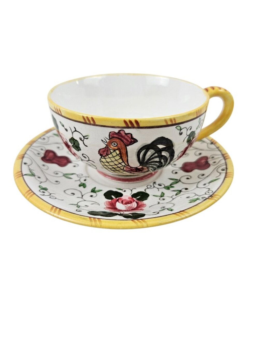 UCAGCO Early Provincial Hand Painted Rooster Rose Cup Saucer Set Japan Vintage